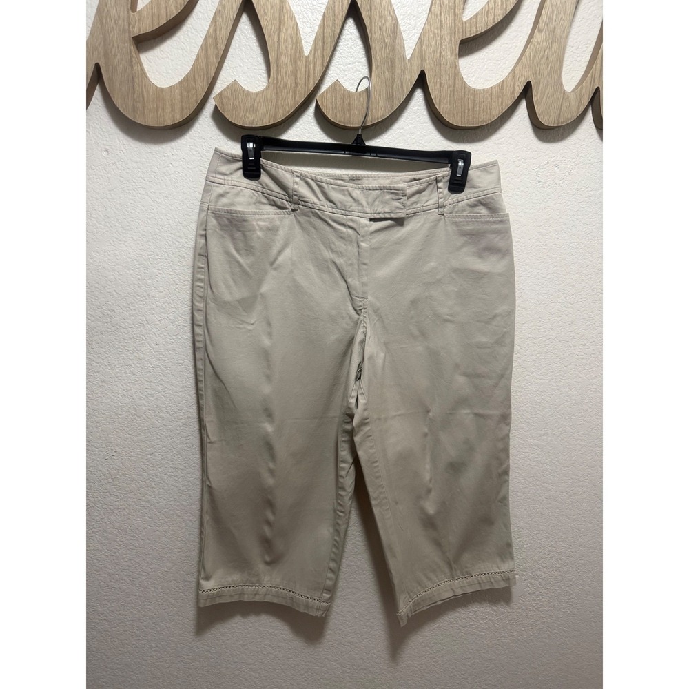 Venezia Womens Khaki Capri Pants Size 16 Tan Cropped Trousers Crochet Trim Hem